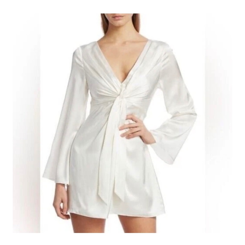 Cinq a Sept Caelan Dress Women 6 Ivory White Silk Knot Front Mini Long Sleeve